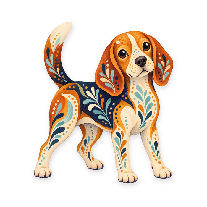 Beagle folk art ornament O442 on white, laser-cut maple wood, made in USA