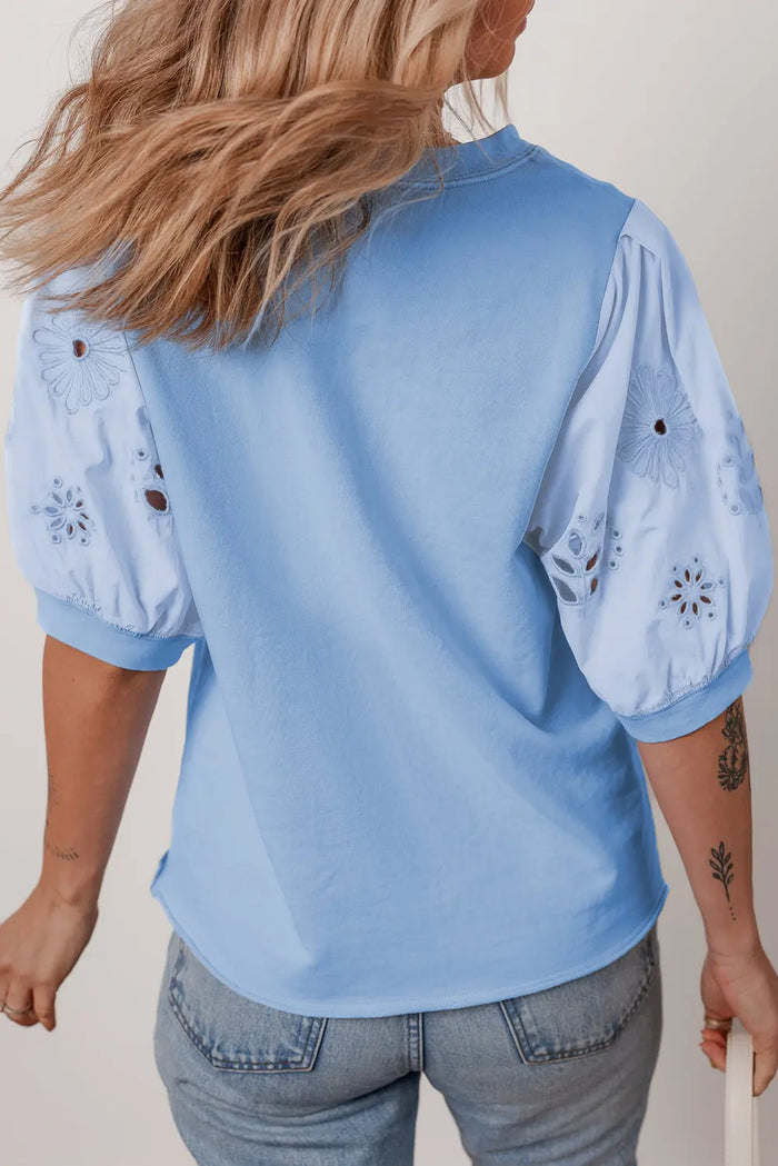 Beau Blue Eyelet Flower Embroidered Puff Short Sleeve Patchwork Crew Neck Blouse - Tops/Blouses & Shirts