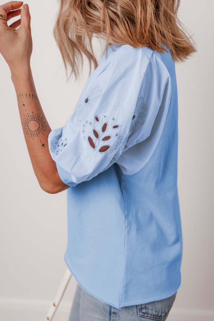 Beau Blue Eyelet Flower Embroidered Puff Short Sleeve Patchwork Crew Neck Blouse - Tops/Blouses & Shirts