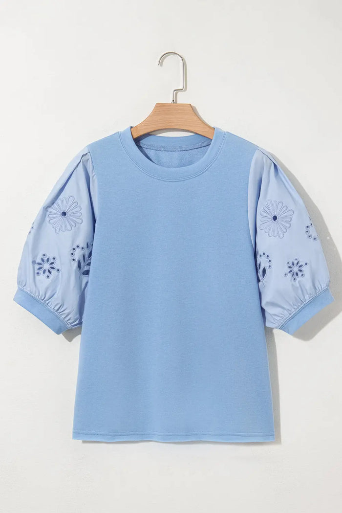 Beau Blue Eyelet Flower Embroidered Puff Short Sleeve Patchwork Crew Neck Blouse - Tops/Blouses & Shirts