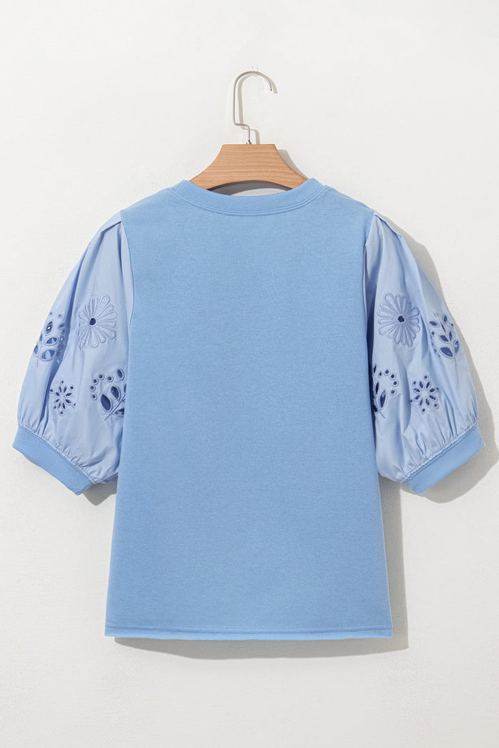 Beau Blue Eyelet Flower Embroidered Puff Short Sleeve Patchwork Crew Neck Blouse - Tops/Blouses & Shirts