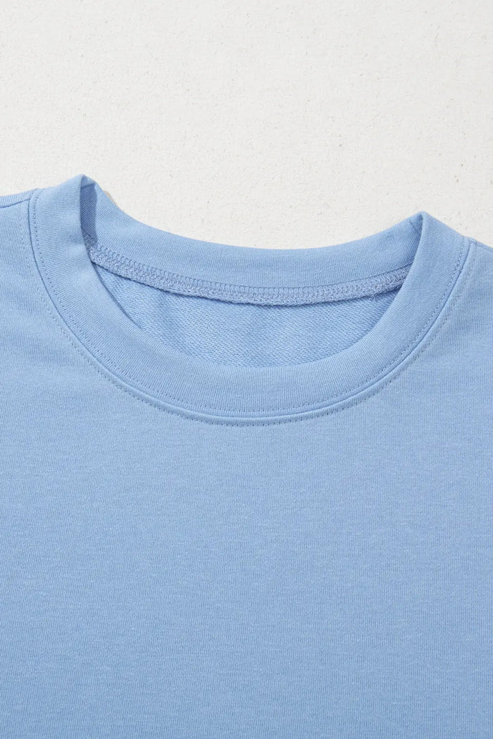Beau Blue Eyelet Flower Embroidered Puff Short Sleeve Patchwork Crew Neck Blouse - Tops/Blouses & Shirts