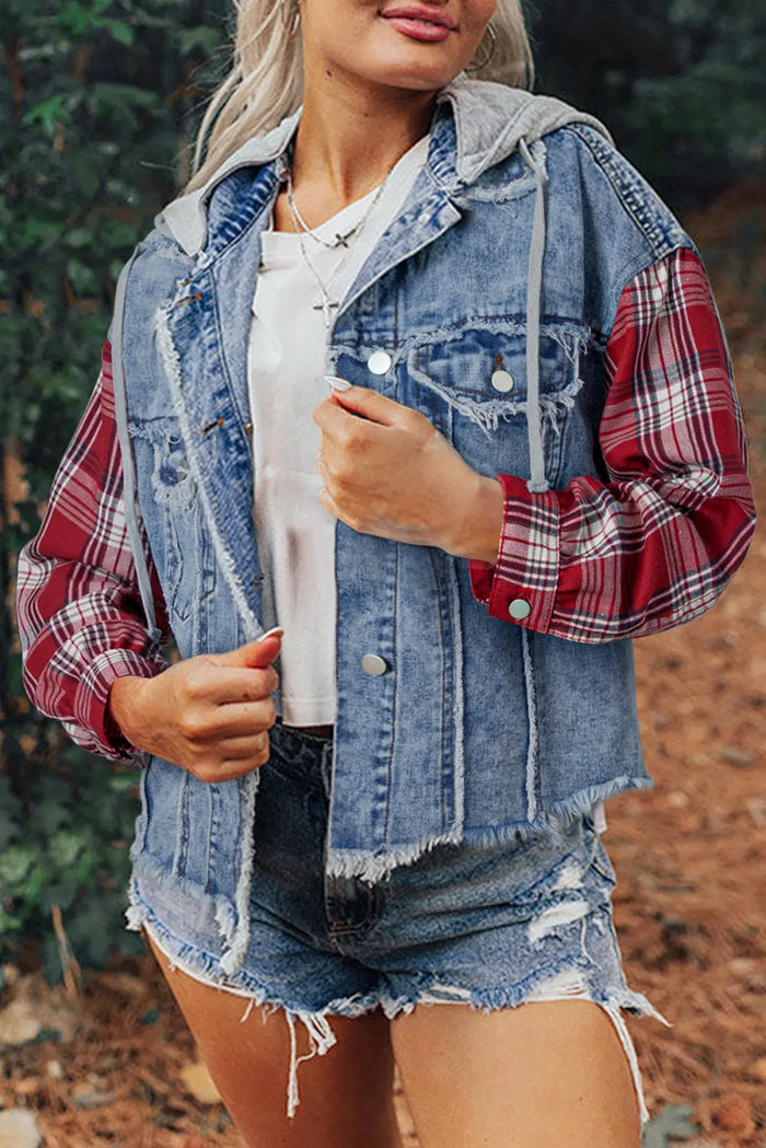 Beau Blue Plaid Print Patchwork Hooded Raw Hem Denim Jacket - BEAU BLUE / S / 83% COTTON + 17% POLYESTER