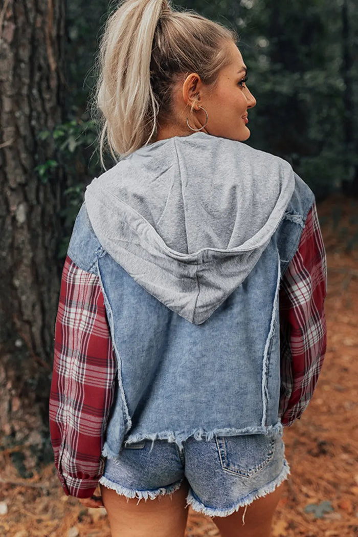 Beau Blue Plaid Print Patchwork Hooded Raw Hem Denim Jacket - Outerwear/Denim jackets
