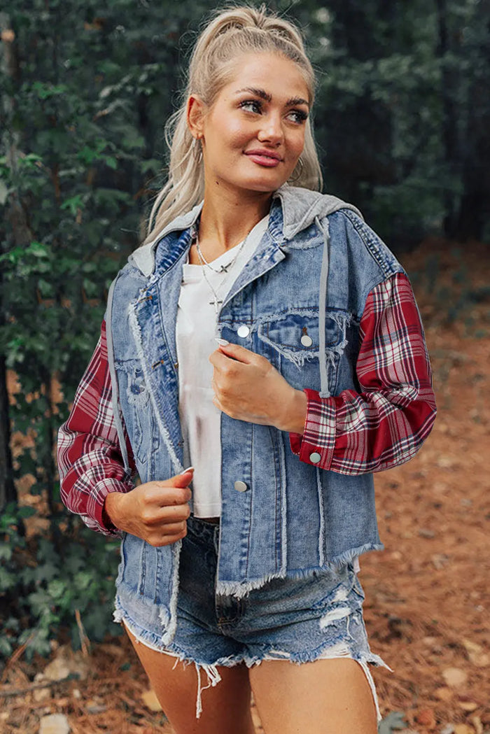 Beau Blue Plaid Print Patchwork Hooded Raw Hem Denim Jacket - Outerwear/Denim jackets