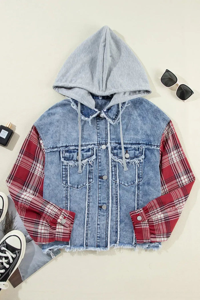 Beau Blue Plaid Print Patchwork Hooded Raw Hem Denim Jacket - Outerwear/Denim jackets