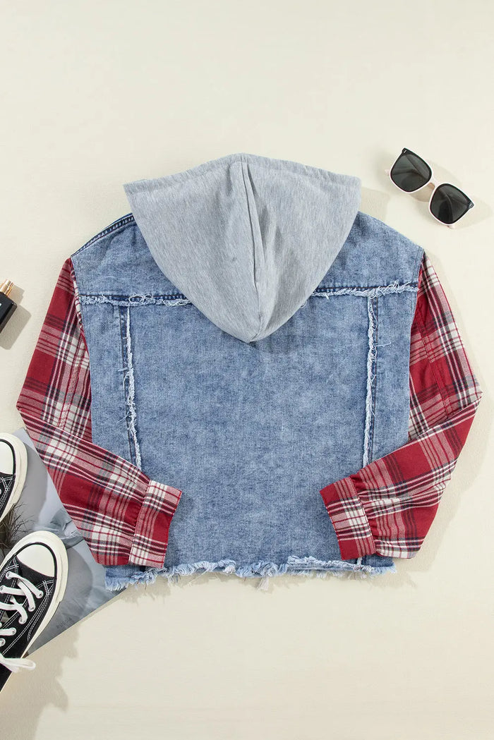 Beau Blue Plaid Print Patchwork Hooded Raw Hem Denim Jacket - Outerwear/Denim jackets