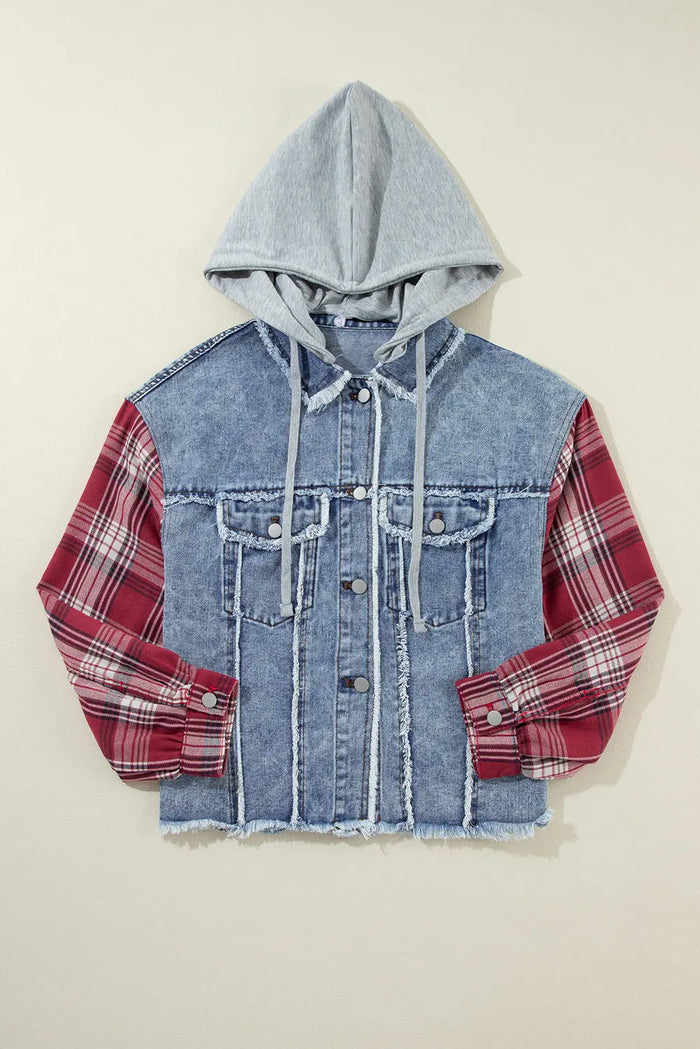 Beau Blue Plaid Print Patchwork Hooded Raw Hem Denim Jacket - Outerwear/Denim jackets