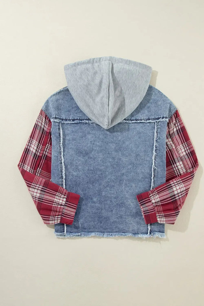 Beau Blue Plaid Print Patchwork Hooded Raw Hem Denim Jacket - Outerwear/Denim jackets