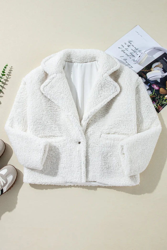 Beige Faux Fur Button Pocketed Lapel Collar Jacket - Outerwear/Jackets