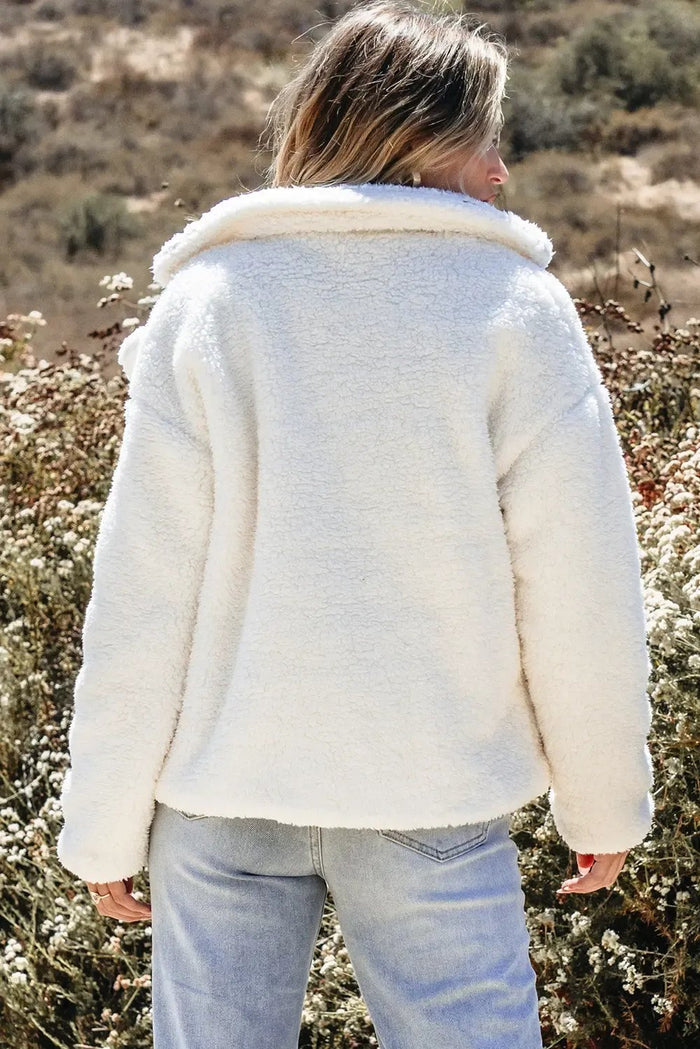 Beige Faux Fur Button Pocketed Lapel Collar Jacket - Outerwear/Jackets