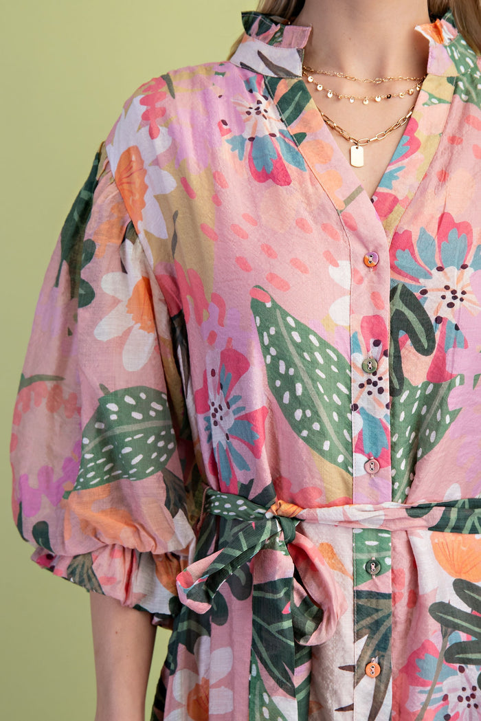 BELTED FLORAL PRINT MIDI DRESS, PINK MIX