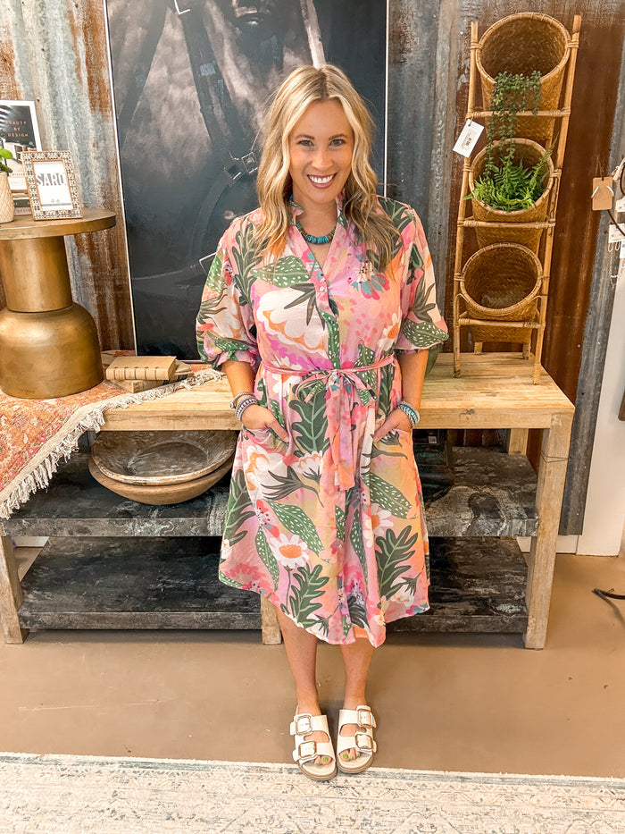 BELTED FLORAL PRINT MIDI DRESS, PINK MIX