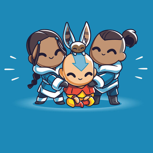 Premium Cotton T-shirt_TeeTurtle cobalt blue Better Together apparel featuring Aang, Katara, Sokka, and Momo from Avatar: The Last Airbender in a group hug.