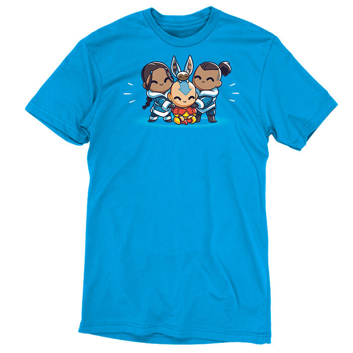 Premium Cotton T-shirt_TeeTurtle cobalt blue Better Together apparel featuring Aang, Katara, Sokka, and Momo from Avatar: The Last Airbender in a group hug.