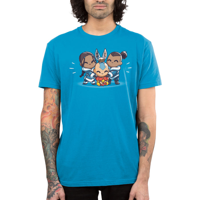 Premium Cotton T-shirt_TeeTurtle cobalt blue Better Together apparel featuring Aang, Katara, Sokka, and Momo from Avatar: The Last Airbender in a group hug.