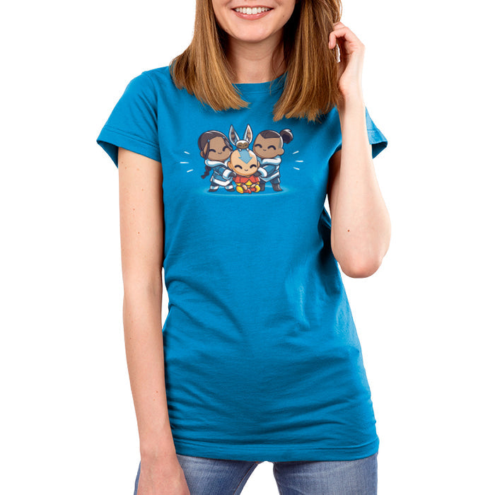 Premium Cotton T-shirt_TeeTurtle cobalt blue Better Together apparel featuring Aang, Katara, Sokka, and Momo from Avatar: The Last Airbender in a group hug.