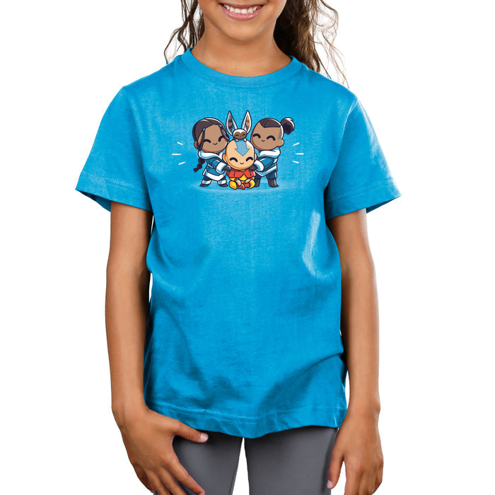 Premium Cotton T-shirt_TeeTurtle cobalt blue Better Together apparel featuring Aang, Katara, Sokka, and Momo from Avatar: The Last Airbender in a group hug.