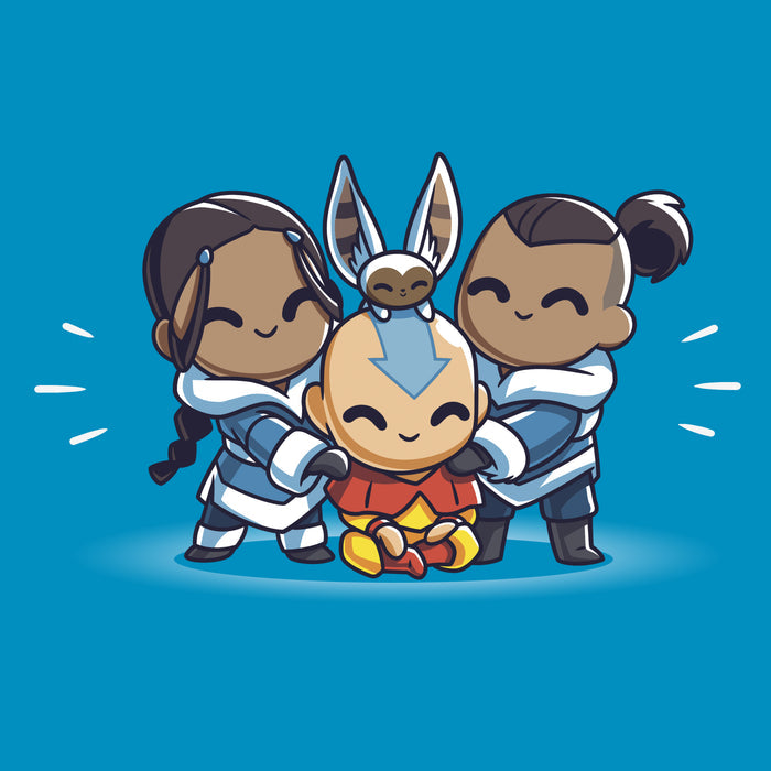 Classic Cotton T-shirt_TeeTurtle sapphire blue Busy Better Together apparel featuring Aang, Katara, Sokka, and Momo from Avatar: The Last Airbender in a group hug.