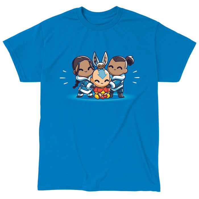 Classic Cotton T-shirt_TeeTurtle sapphire blue Busy Better Together apparel featuring Aang, Katara, Sokka, and Momo from Avatar: The Last Airbender in a group hug.