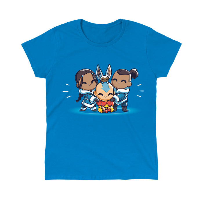 Classic Cotton T-shirt_TeeTurtle sapphire blue Busy Better Together apparel featuring Aang, Katara, Sokka, and Momo from Avatar: The Last Airbender in a group hug.