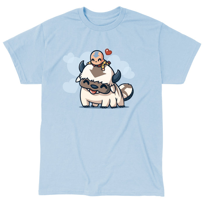 Classic Cotton T-shirt_TeeTurtle light blue BFFs (Aang and Appa) apparel featuring a happy Aang resting on a happy Appa’s head with a red heart above them and light blue hearts in the background.