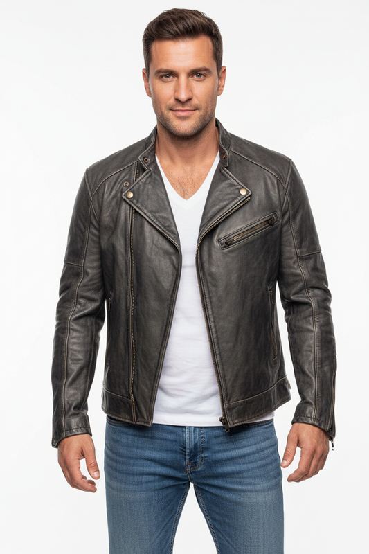 Black men's biker jacket in smooth PU leather with stand collar and front zip in a clean studio shot