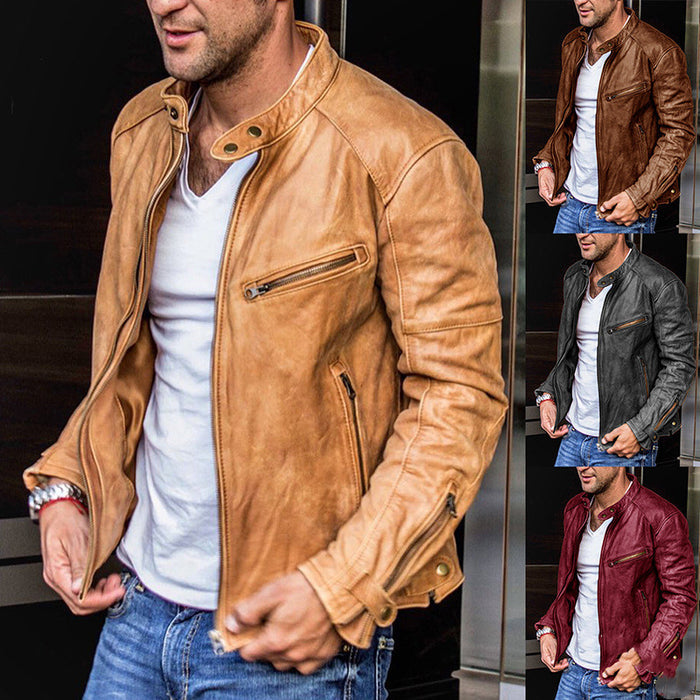 Man wearing a tan leather jacket over a white shirt, with close-up inset showing details.