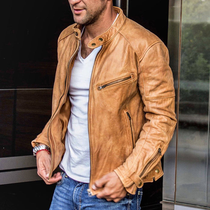 Detail shot of the collar and shoulder area on a men's motorcycle-style PU jacket