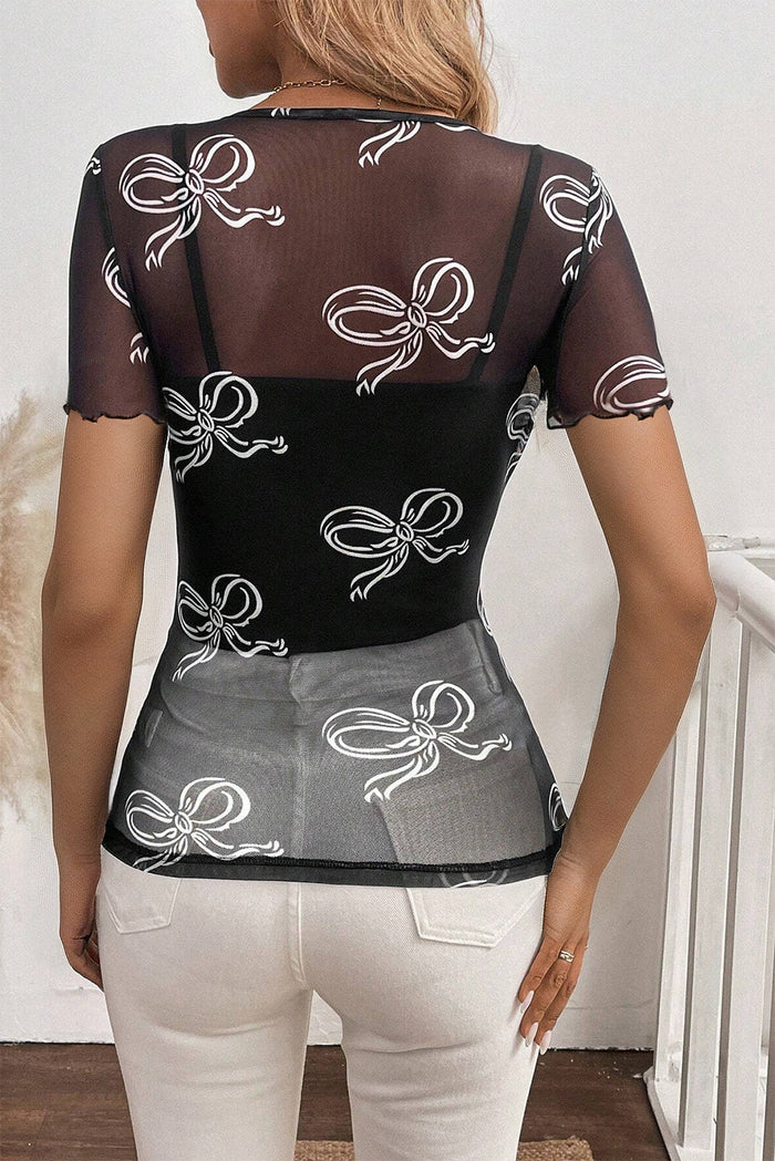 Black Bow Printed Mesh Short Sleeve Top - Tops/Tops & Tees