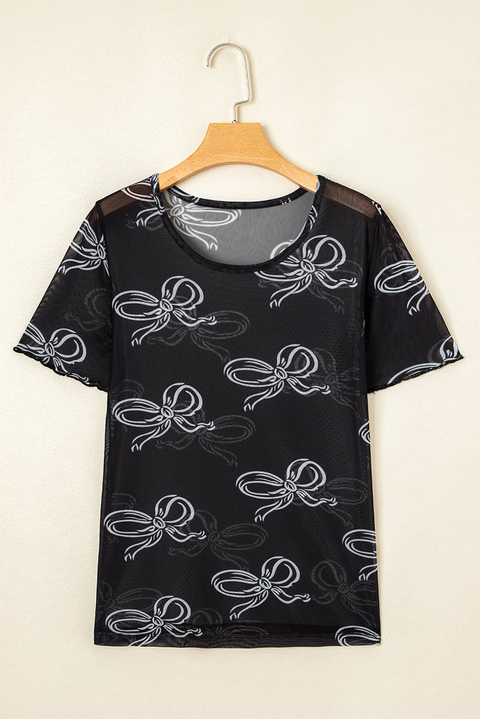 Black Bow Printed Mesh Short Sleeve Top - Tops/Tops & Tees