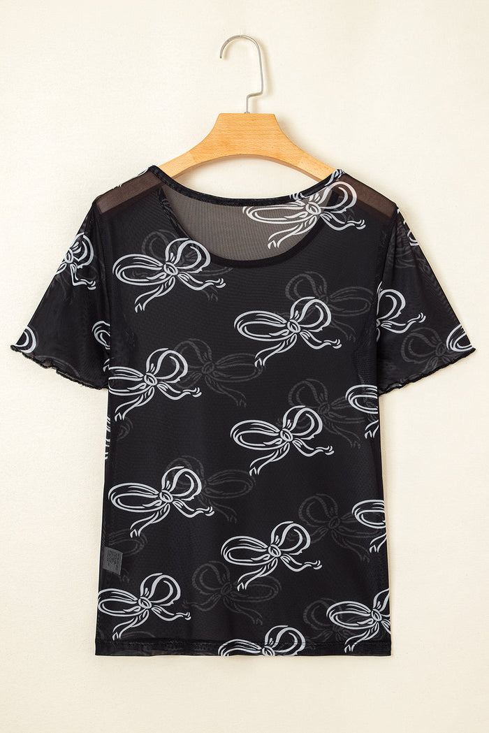 Black Bow Printed Mesh Short Sleeve Top - Tops/Tops & Tees