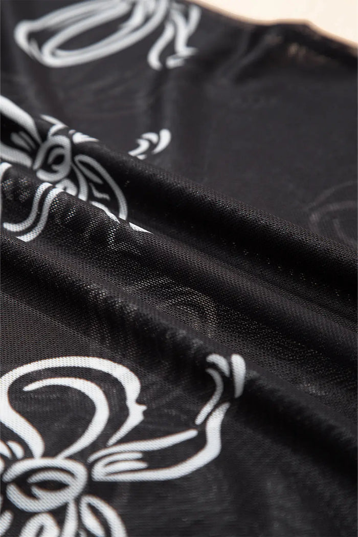 Black Bow Printed Mesh Short Sleeve Top - Tops/Tops & Tees