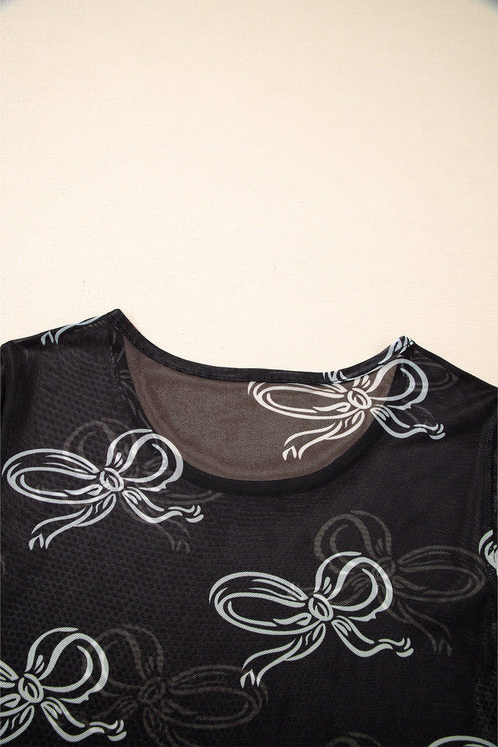 Black Bow Printed Mesh Short Sleeve Top - Tops/Tops & Tees