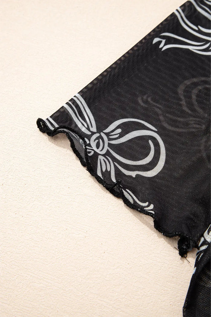 Black Bow Printed Mesh Short Sleeve Top - Tops/Tops & Tees