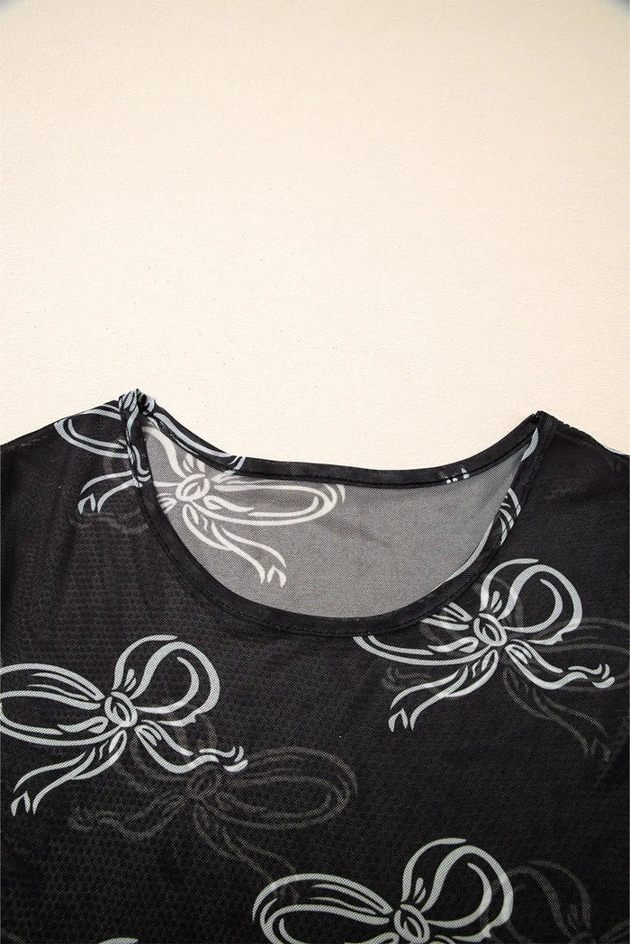 Black Bow Printed Mesh Short Sleeve Top - Tops/Tops & Tees