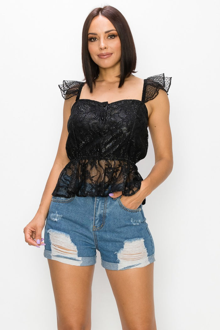 Black Button-front Ruffle Sleeves Peplum To