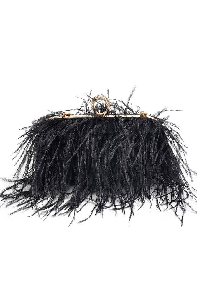 Style the Black Harlow Feather Evening Bag exclusively at Born To Glam