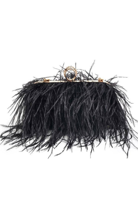 Style the Black Harlow Feather Evening Bag exclusively at Born To Glam