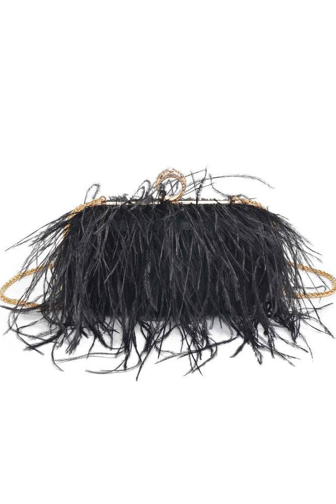 Style the Black Harlow Feather Evening Bag exclusively at Born To Glam