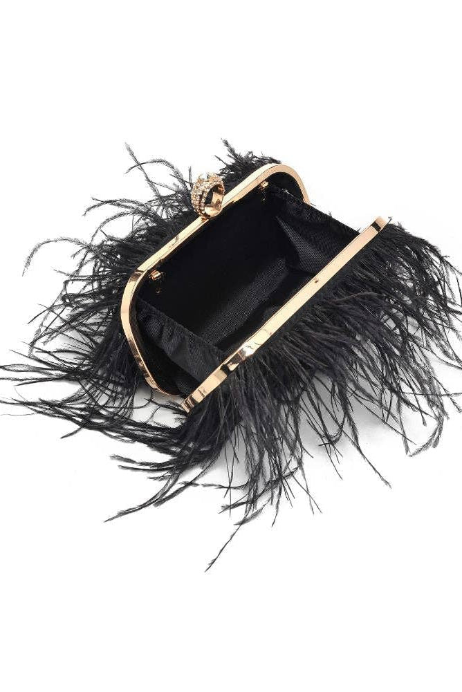 Style the Black Harlow Feather Evening Bag exclusively at Born To Glam