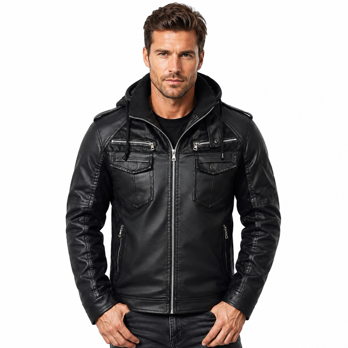 Black leather jacket with hoodie for men styled for winter commute