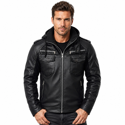 Black leather jacket with hoodie for men styled for winter commute