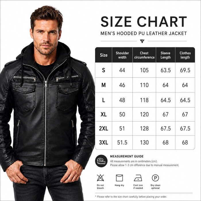 Men’s black PU leather jacket with hood and warm fleece interior