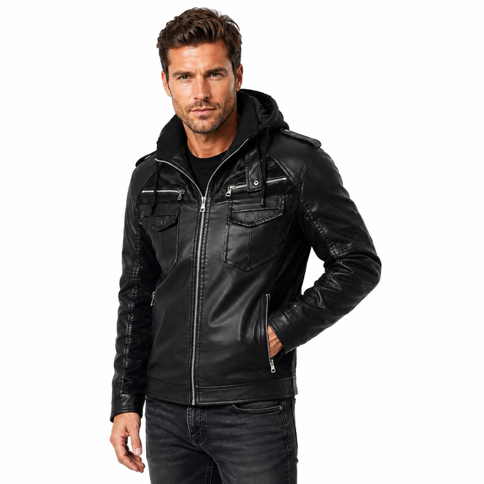 Hooded faux leather coat winter style on male model