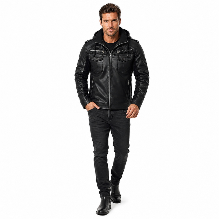 Winter PU leather jacket for men with side seam pockets