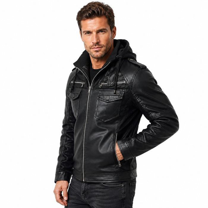 Men’s fleece lined PU jacket shown from front angle