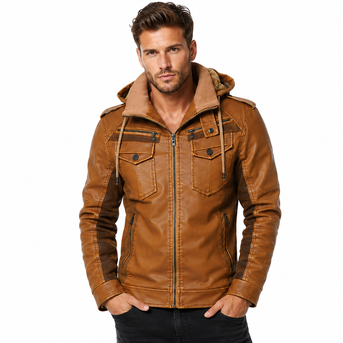 PU leather jacket men fleece lined interior detail
