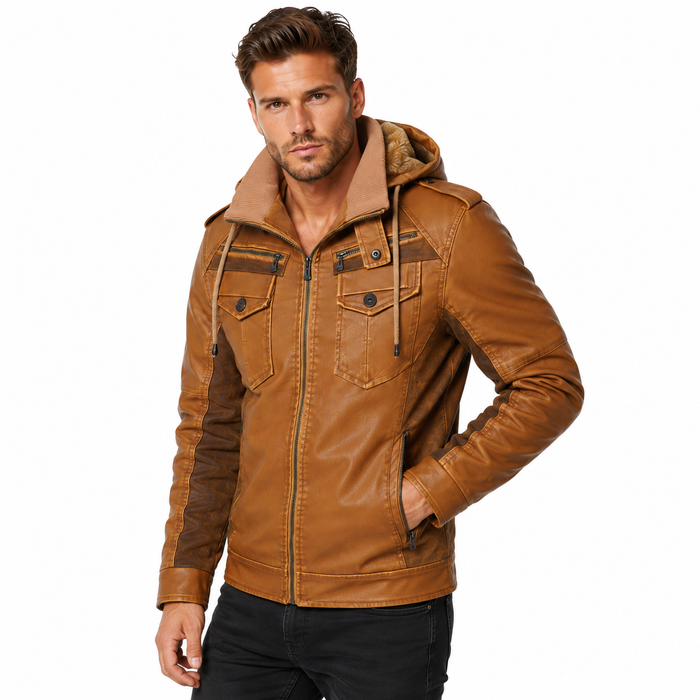 Men’s hooded faux leather coat with mid-length winter fit