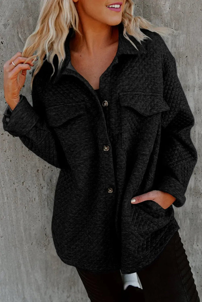Black Retro Quilted Flap Pocket Button Shacket - BLACK / S / 95% POLYESTER + 5% ELASTANE - Tops/Blouses & Shirts